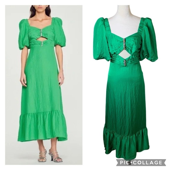 Sandro Falbala Green Puff Sleeve Midi Dress 36 Cutout Ruffle Hem Rainbow Jewel - Picture 1 of 11
